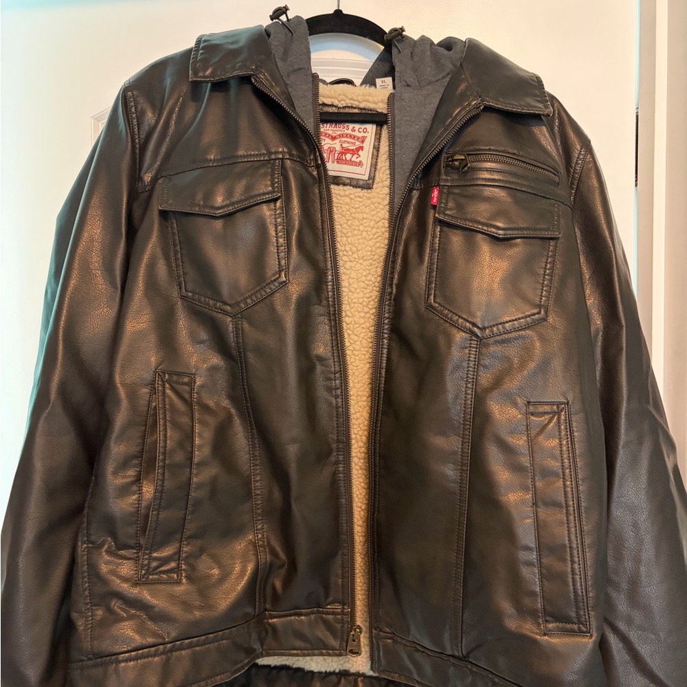 Levi's Black Faux Leather Bomber Jacket with Sherpa Lining